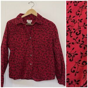 Talbots Petite Medium Red/Black Floral Vines Button Up Shirt Corduroy Cotton Top